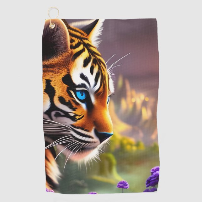 Blue Eyed Tiger Cub and Purple Flowers Golf Towel (Front)