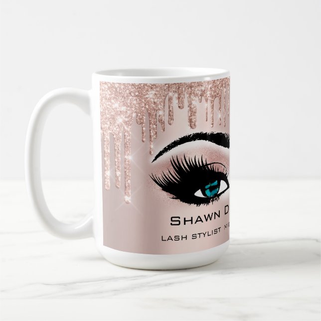 Blue Eyelashes Rose Glitter Drips Makeup Bride Coffee Mug (Left)