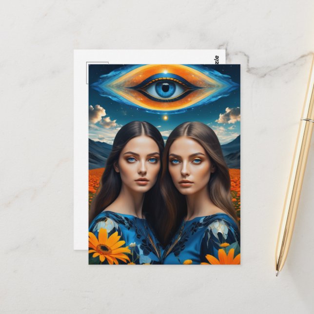 Blue Eyes Surreal Twins Postcard (Front/Back In Situ)