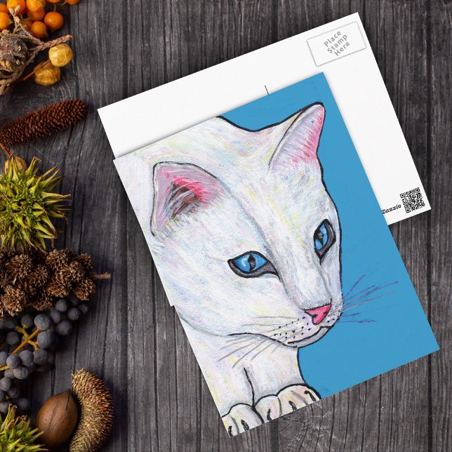 Blue Eyes White Cat Postcard (Head of white cat intense blue eyes on light blue postcard.)