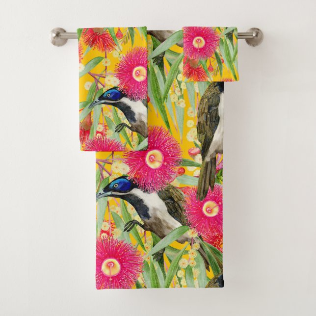 Blue-faced Honeyeater Pattern Bath Towel Set (Insitu)