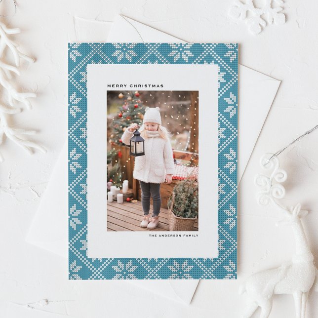 Blue Fair Isle Knit Pattern Photo Christmas Holiday Postcard (Blue Fair Isle Knit Pattern Photo Christmas Holiday Postcard)