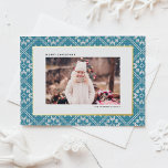 Blue Fair Isle Winter Knit Pattern Photo Christmas<br><div class="desc">Send warm holiday wishes wrapped in a cosy, festive design with this gold foil Christmas card, featuring a charming Fair Isle knit pattern background. The intricate design evokes the comforting feel of winter warmth and holiday cheer. This customisable photo Christmas card offers a festive backdrop to your own personal photo....</div>
