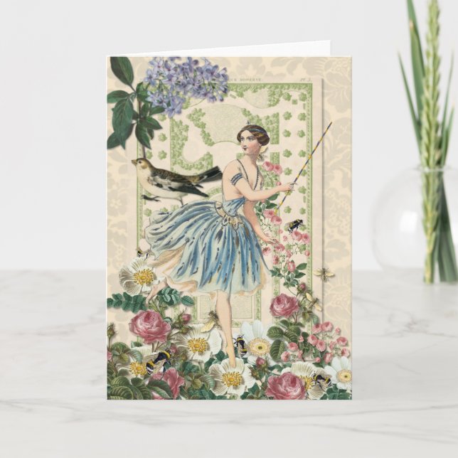 Blue Fairy & Bird - Vintage Blank Greeting Note Card (Front)