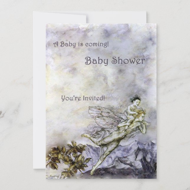 Blue Fairy Carries Baby Shower Invitation (Front)