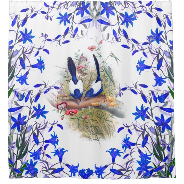 Blue Fairy-Wren Birds Wildlife Animals Floral Shower Curtain (Front)