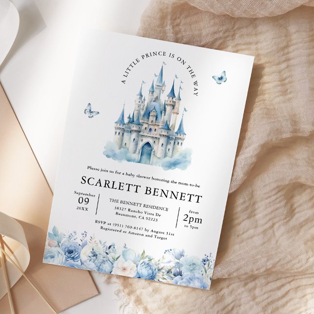 Blue Fairytale Castle Prince Floral Baby Shower Invitation (Creator Uploaded)