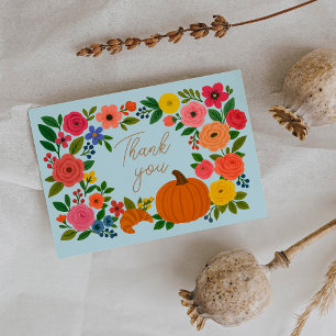 Blue Fall Florals Pumpkin Baby Shower Thank You Card