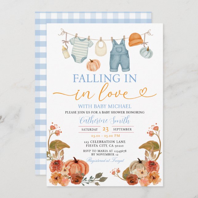 Blue Fall Pumpkin Baby Clothes Baby shower  Invitation (Front/Back)