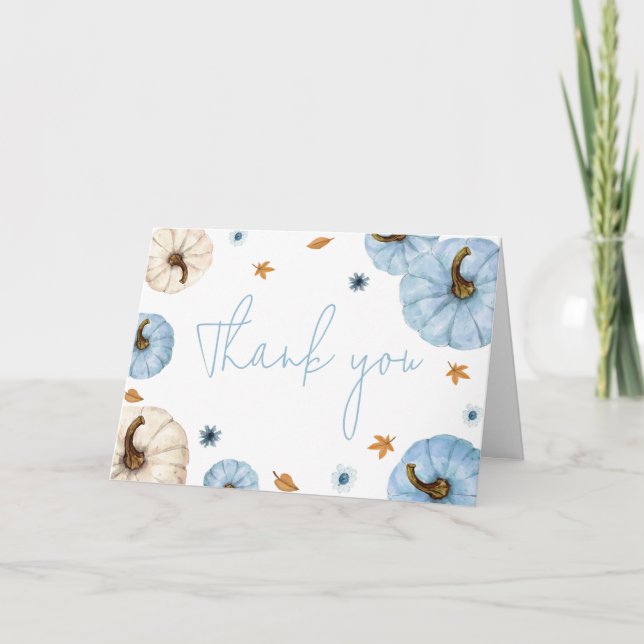 Blue Fall Pumpkin Baby Shower Thank You Card (Front)