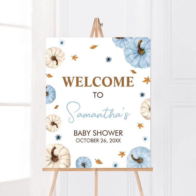 Blue Fall Pumpkin Baby Shower Welcome Poster (Boy A Little Pumpkin Baby Shower Welcome Sign)