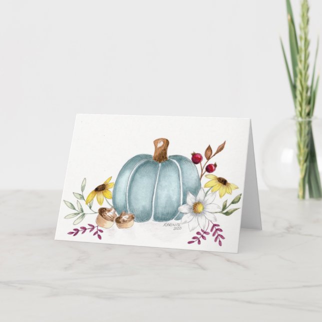 Blue fall pumpkin blank Thanksgiving card (Front)