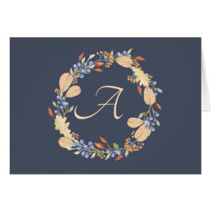 Blue Fall Wreath Script Monogram Note Cards