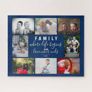 Blue Family 8 Photo Collage Saying Script Jigsaw Puzzle