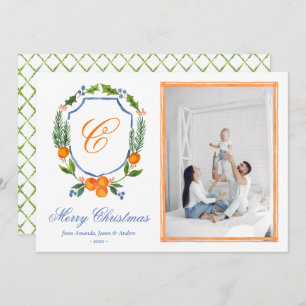Blue Family Crest Citrus Garland Christmas Photo Holiday Card