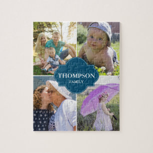Blue Family Photo Collage Family name Jigsaw Puzzle