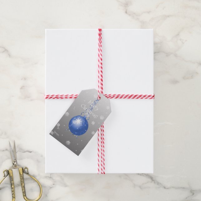 Blue Fancy Christmas Ornament Gift Tag (With Twine)