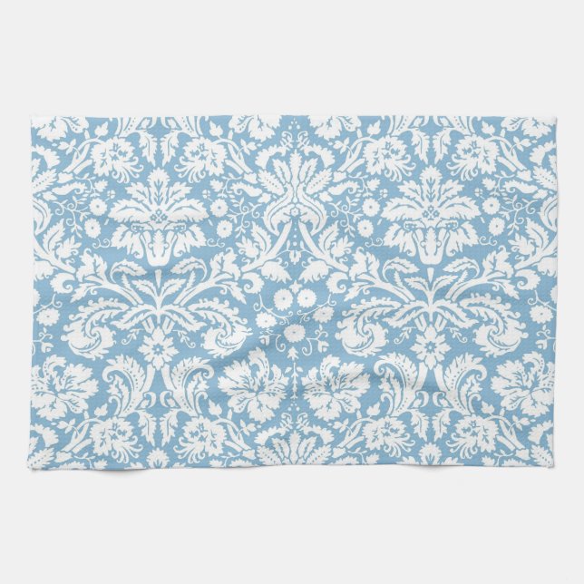 Blue fancy damask pattern tea towel (Horizontal)