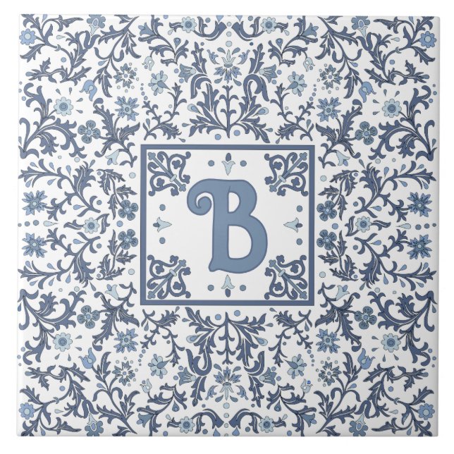 Blue Fancy Floral Graphic Design Personalised Tile (Front)