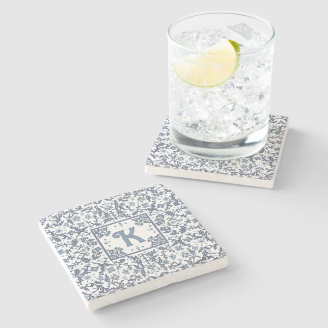 Blue Fancy Floral Graphic Pattern Personalised Stone Coaster (Side)
