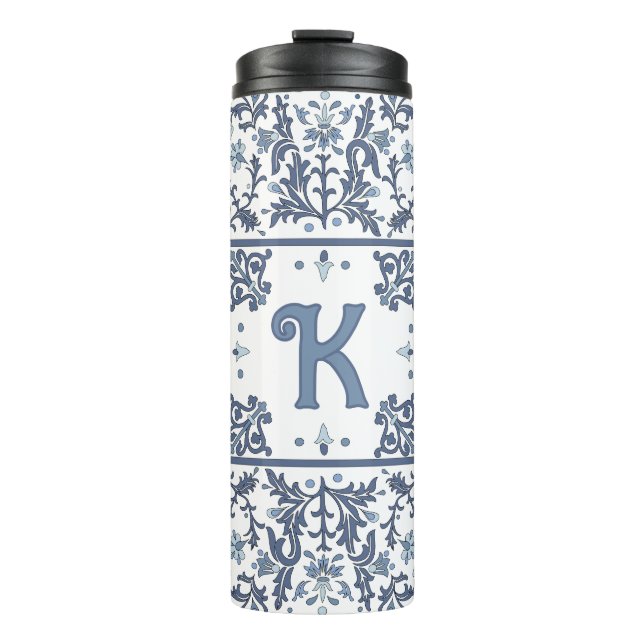 Blue Fancy Floral Graphic Pattern Personalised Thermal Tumbler (Front)
