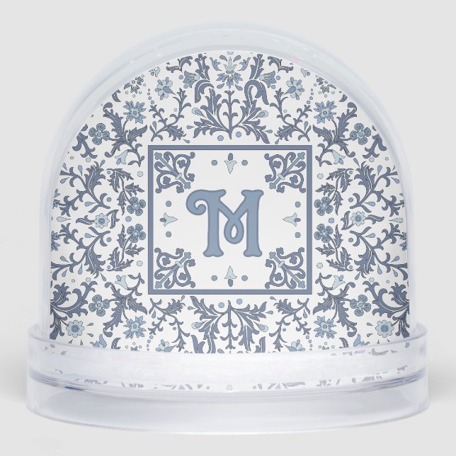 Blue Fancy Floral Pattern Monogrammed Snowglobe (Front)