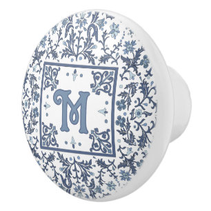 Blue Fancy Floral Pattern Personalised Ceramic Knob