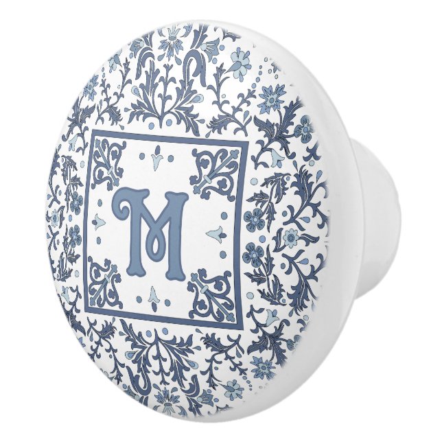Blue Fancy Floral Pattern Personalised Ceramic Knob (Right)