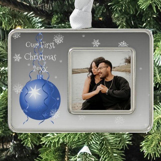 Blue Fancy Ornament Christmas Photo Ornament (Blue Fancy Ornament Christmas Framed Ornament)