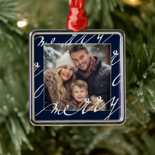 Blue Fancy Script "Merry" Christmas Photo Metal Tree Decoration