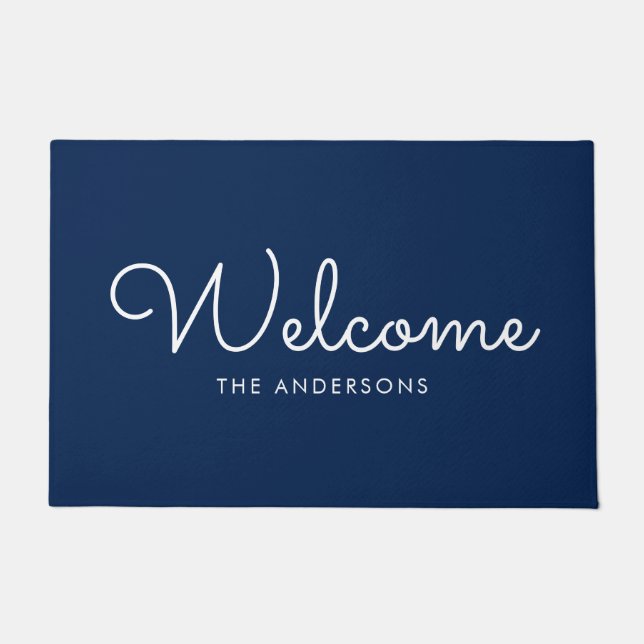Blue Fancy Script "Welcome" Personalised Doormat (Front)