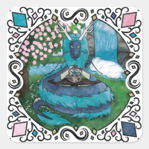 Blue Fantasy Eastern Dragon Tea Time Square Sticker