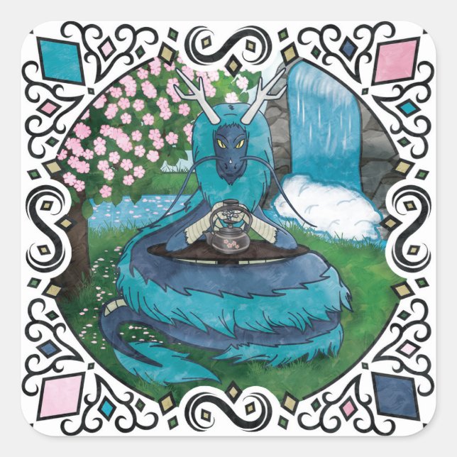 Blue Fantasy Eastern Dragon Tea Time Square Sticker (Front)