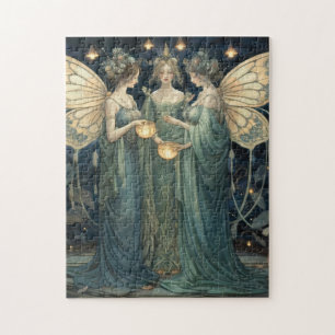 Blue Fantasy Fairy Art Nouveau Jigsaw Puzzle