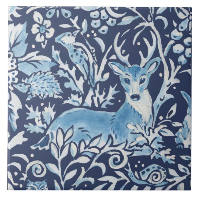 Blue Fantasy Forest Mural Woodland Deer Top Left Tile (Front)