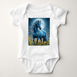 Blue Fantasy Magical Horse Moon Flowers, Baby Bodysuit
