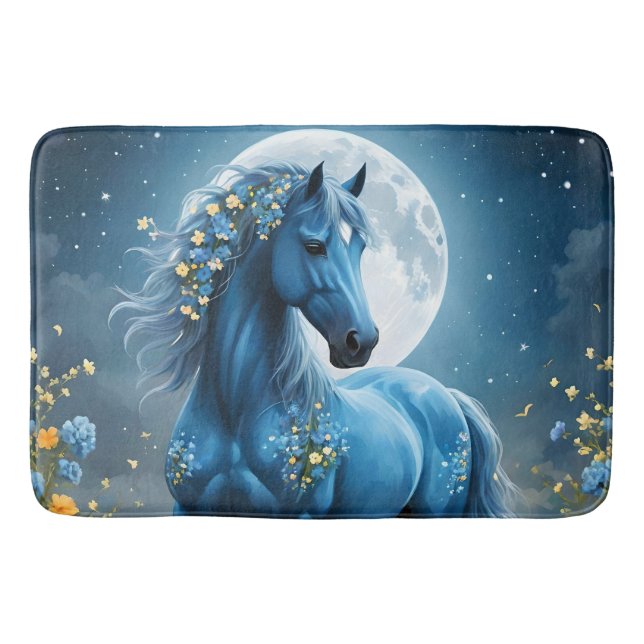 Blue Fantasy Magical Horse Moon Flowers, Bath Mat (Front)