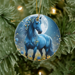 Blue Fantasy Magical Horse Moon Flowers, Ceramic Tree Decoration