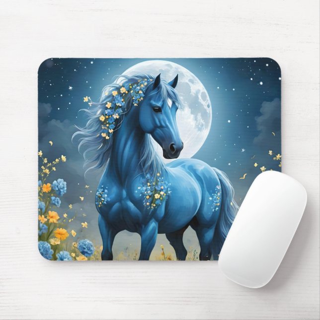 Blue Fantasy Magical Horse Moon Flowers, Mouse Pad (With Mouse)