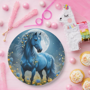 Blue Fantasy Magical Horse Moon Flowers, Paper Plate