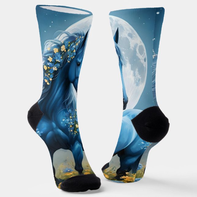 Blue Fantasy Magical Horse Moon Flowers, Socks (Angled)
