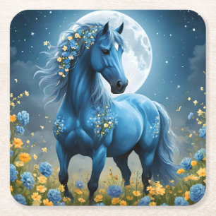 Blue Fantasy Magical Horse Moon Flowers, Square Paper Coaster