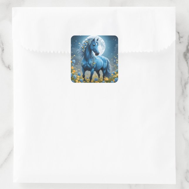 Blue Fantasy Magical Horse Moon Flowers, Square Sticker (Bag)