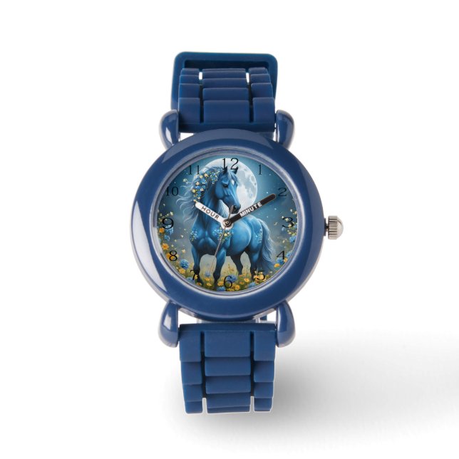 Blue Fantasy Magical Horse Moon Flowers, Watch (Front)