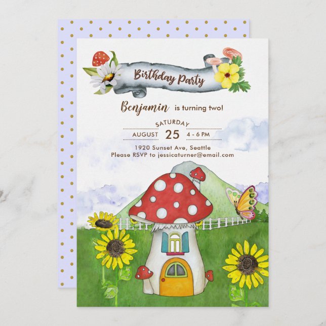 Blue Fantasy Woodland Toadstool House Fun Birthday Invitation (Front/Back)