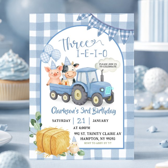 Blue Farm Animals Three-i-e-i-o 3rd Birthday Invitation (Creator Uploaded)