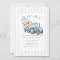 Blue Farm Tractor Baby Shower Invitation