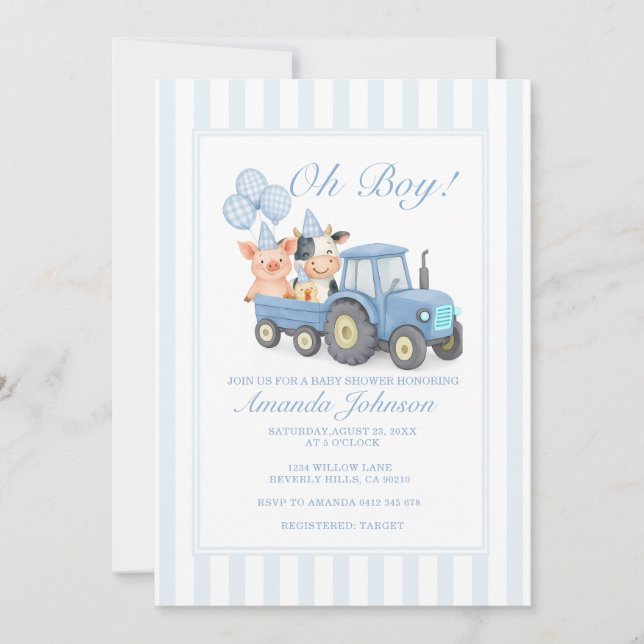 Blue Farm Tractor Baby Shower Invitation (Front)