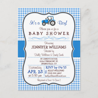 Blue Farm Tractor Boy Baby Shower Invitation Postcard