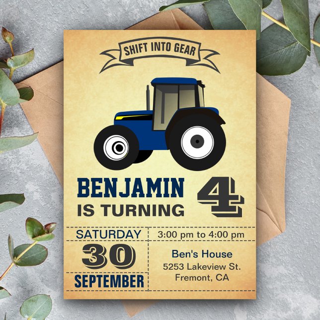 Blue Farm Tractor Kids Birthday Party Invitation (Creator Uploaded)